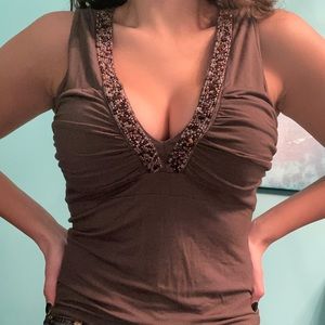 Brown, vintage, beaded plunge top